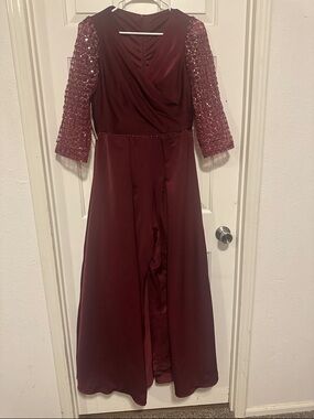 Elegant Burgundy Jumpsuit with Beaded Sleeves